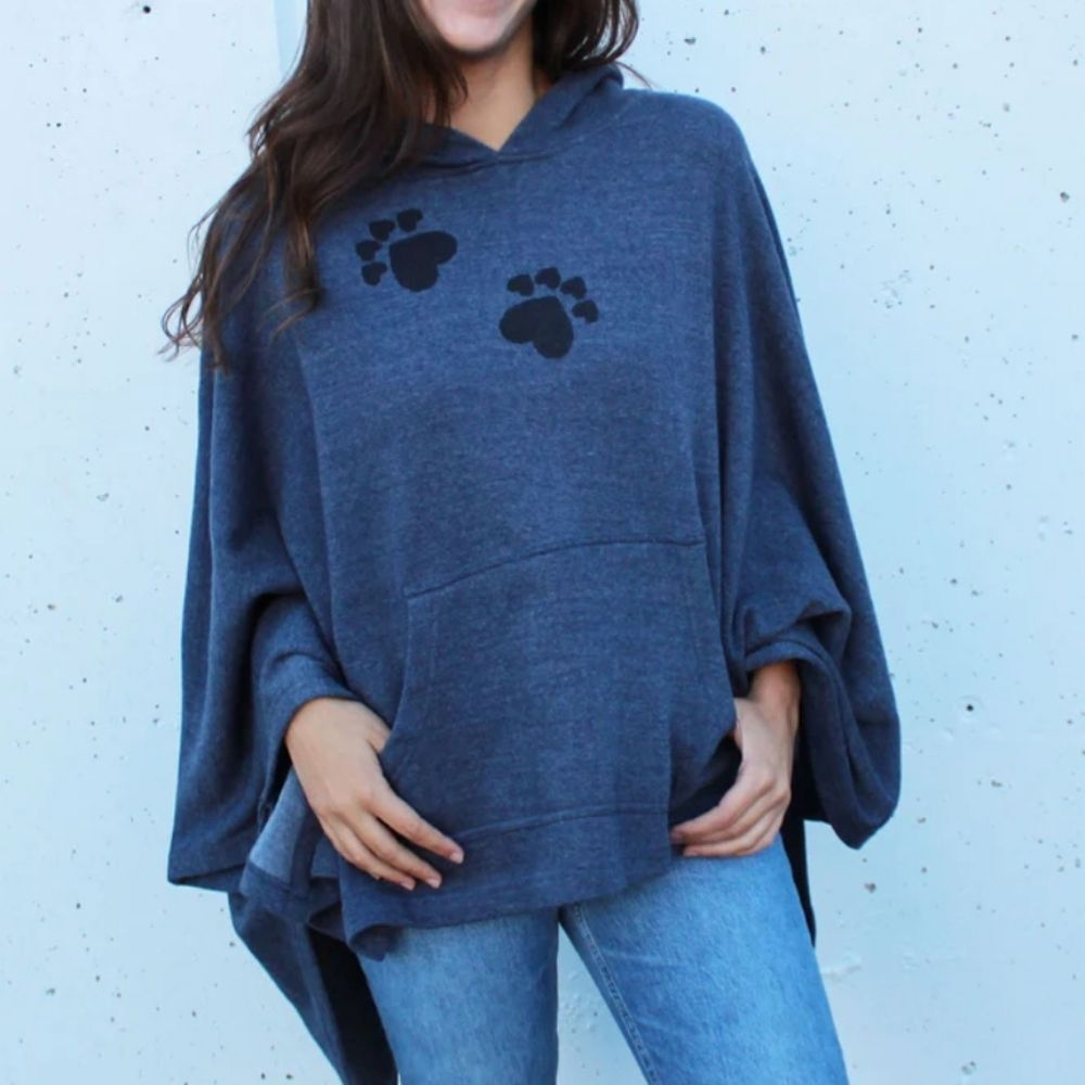 Paw Addict Oversized Poncho, Hooded, Pouch Pocket, Navy Blue One Size Fits Most - Picture 1 of 11